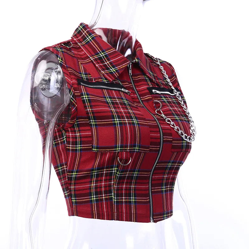 Plaid Zipper Chain Tank
