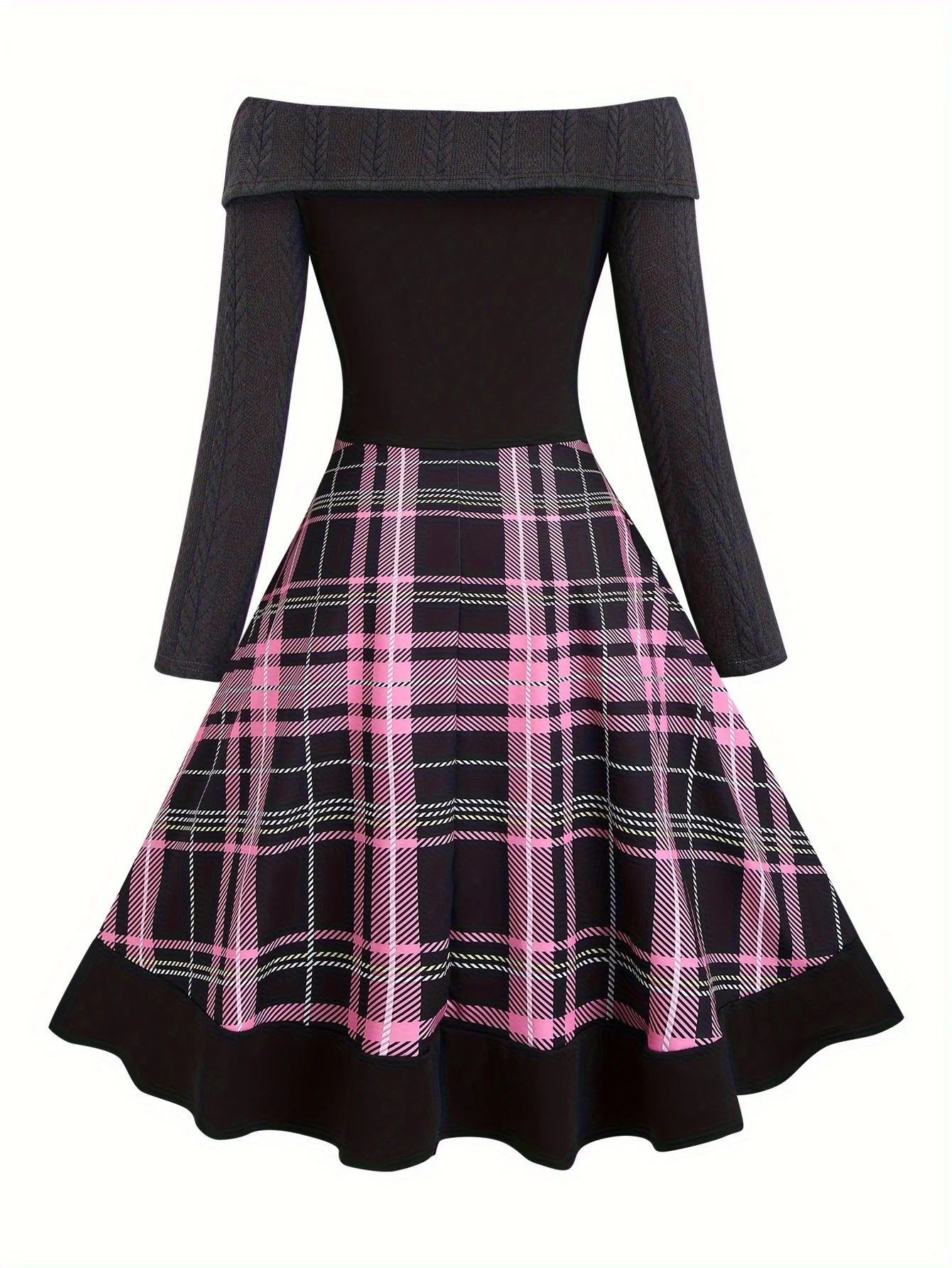 Off-Shoulder Cable Knit and Plaid Corset Dress