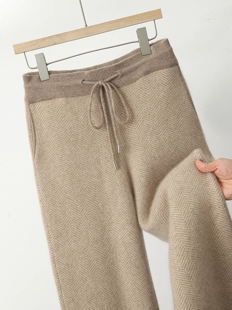 Merino Wool Sweater Cardigan Pants Autumn Winter Knitted Thick Soft Herringbone Color Blocking Pants Set