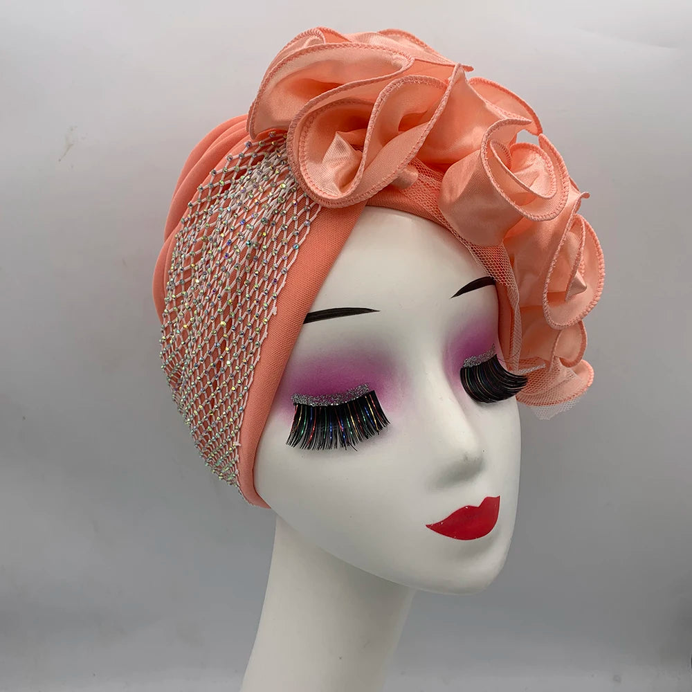Full Body Rhinestones Mesh Women's Turban Cap Cross Twist Female Headscarf Bonnet African Head Wraps Lady Headwear Indian Hat