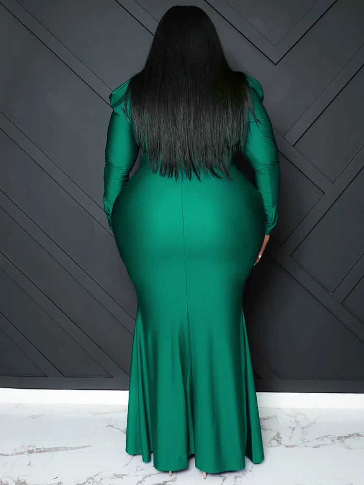 V Neck Long Sleeve Full Length Bodycon Dress