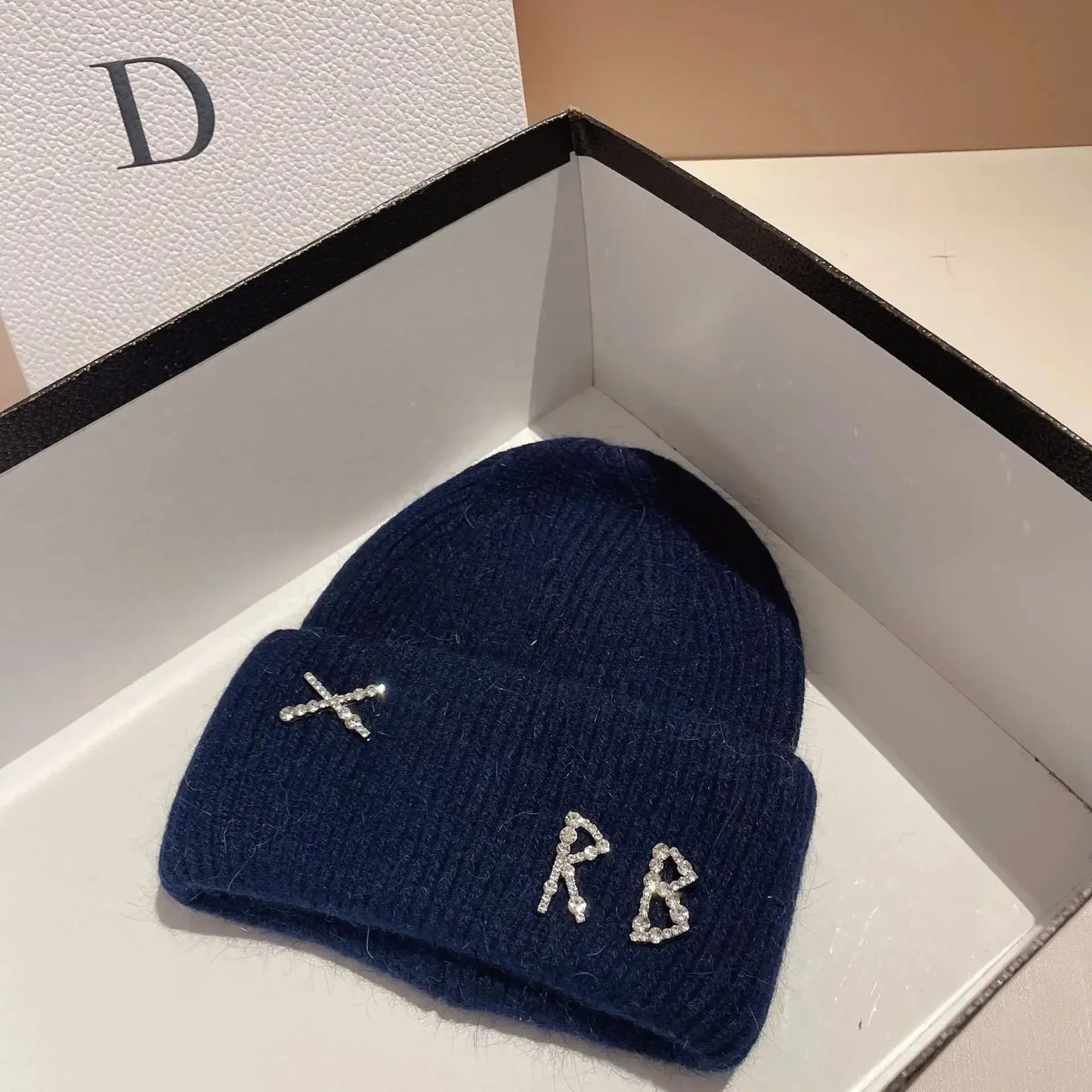 Real Rabbit Fur Diamonds Letter Beanie