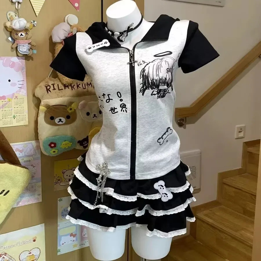 Cartoon Short Sleeve Jacket Skirt Set