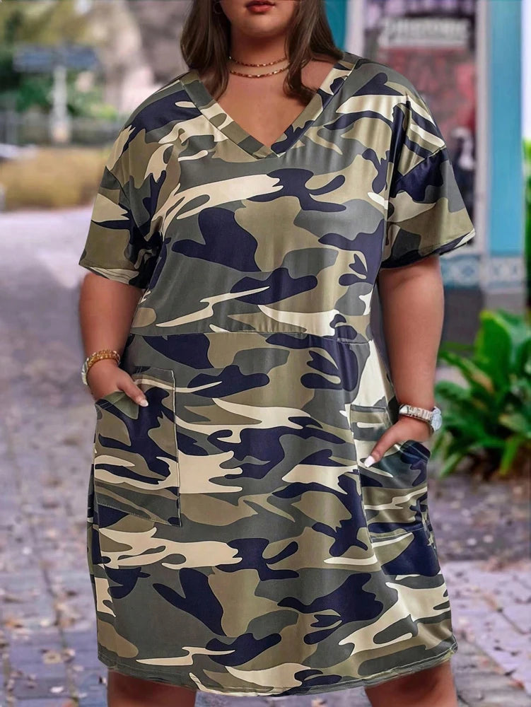 V-neck camouflage print pocket short-sleeved dress