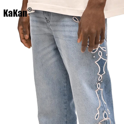 Kakan - メンズブルーストライプグラデーションワイドレッグジーンズ、Y2Kファッション刺繍入りダイヤモンドセットロングジーンズ、Jeans Manブランド