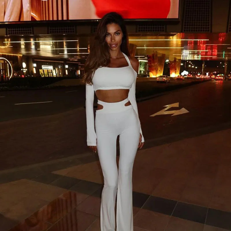 Long Sleeves Slash Neck (Tops+Pants) Hollow Out Skinny Set