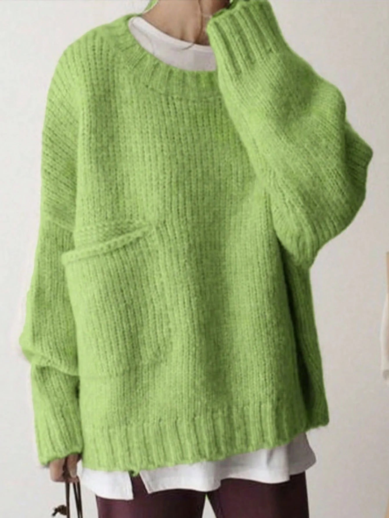 Crew Neck Long Sleeve Pullover Sweater with Side Pockets