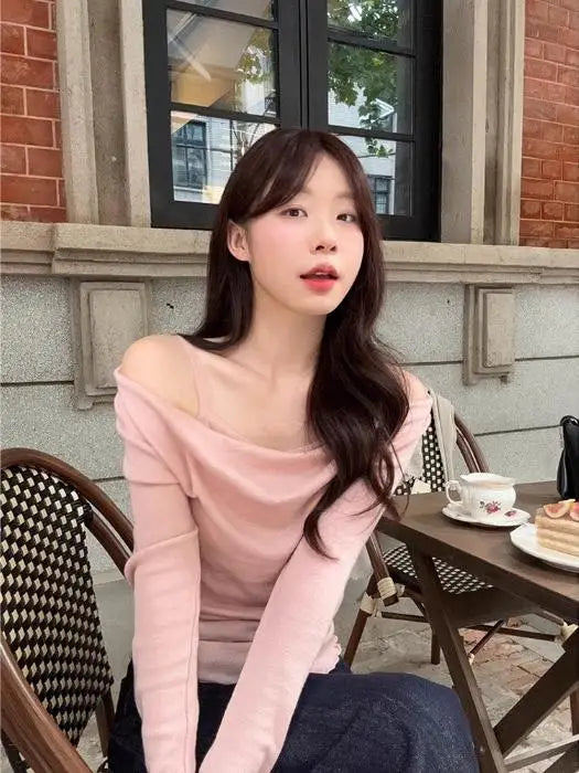 Off-Shoulder Fake Two-Piece Long Sleeve T-Shirt