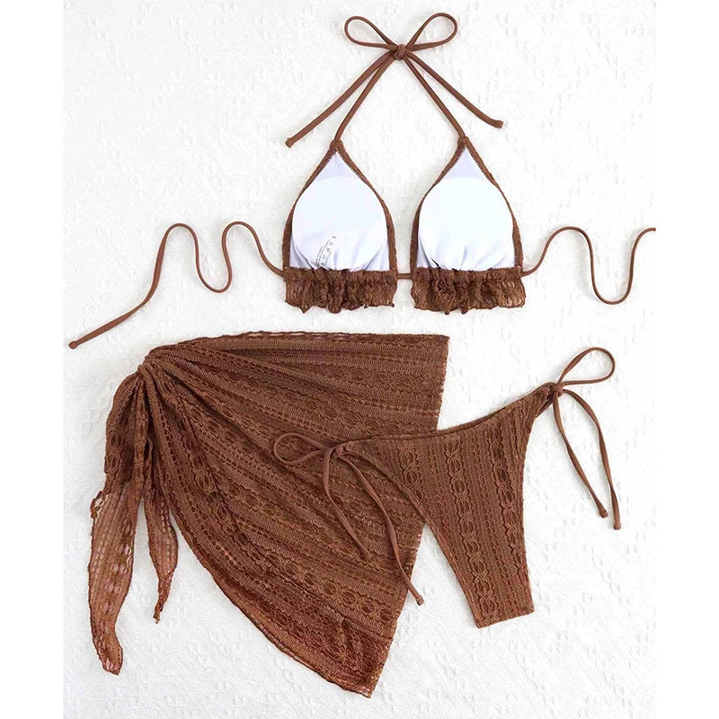 Triangle Spliced Ruffles Halter Bikini