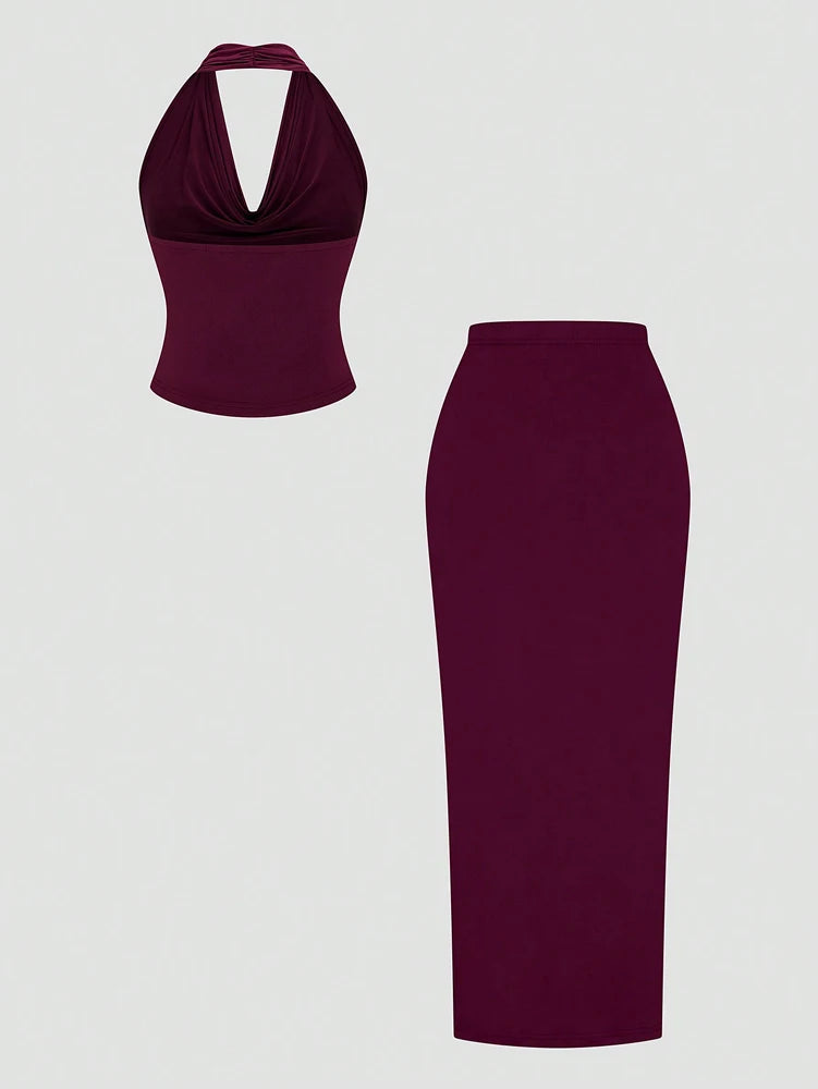 Swing Neck Top + Split Half Skirt Long Skirt Two Piece Set