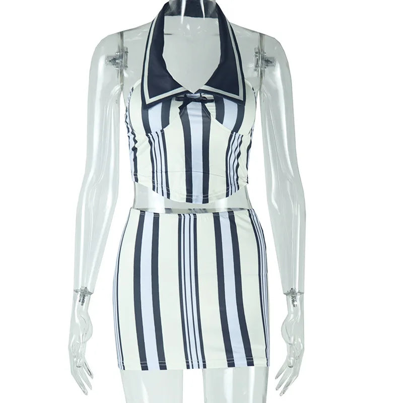 CM.YAYA Mini Skirt and Sleeveless Striped Top Set