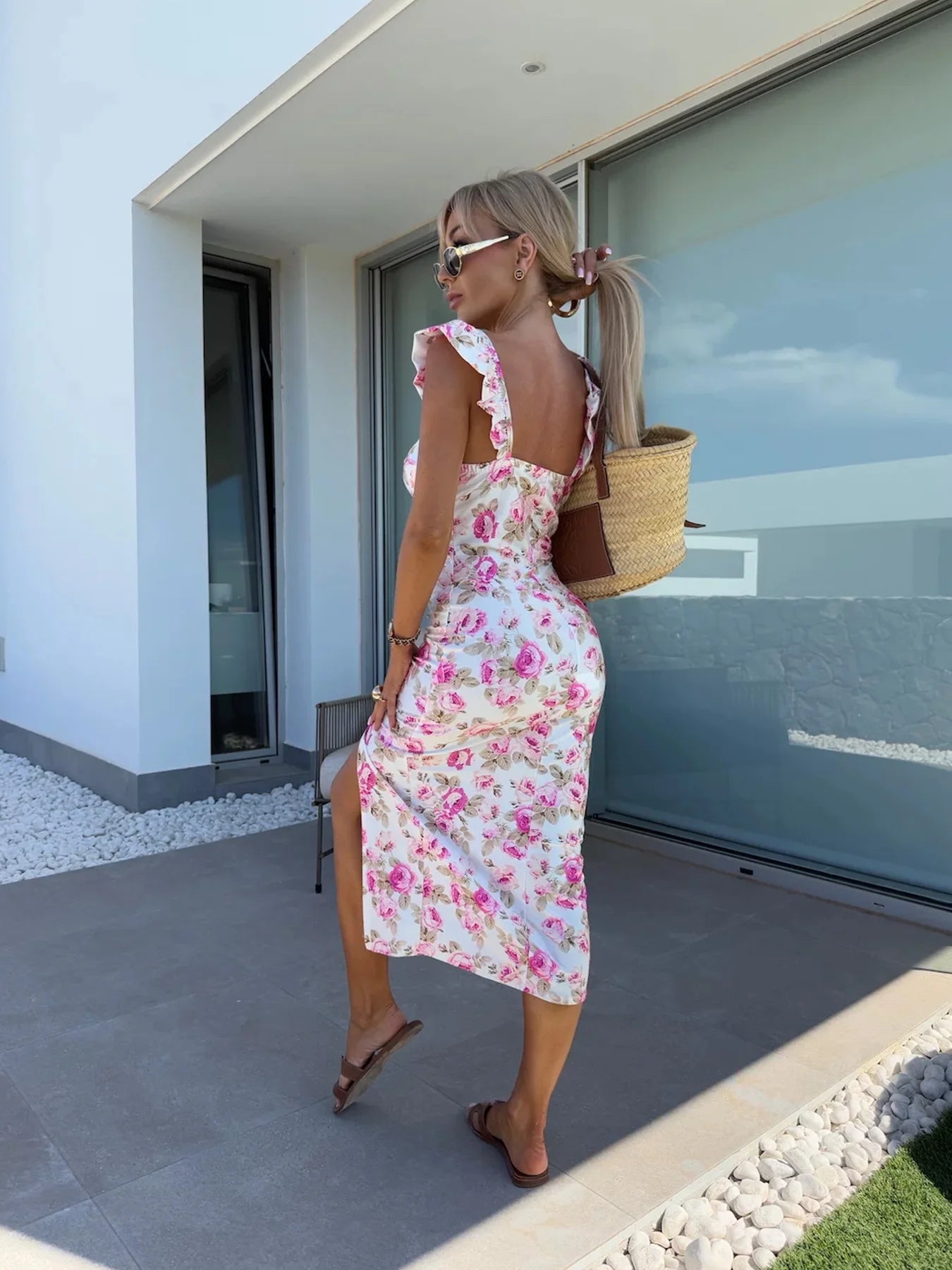 Flower Suspender Slit Midi-Length Dress