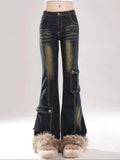 Faux Fur Denim Flare Pants
