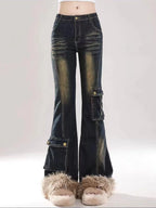 Faux Fur Denim Flare Pants