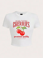 Hand Picked Cherries Prints Short Sleeve Stretch Soft O-Neck Tee