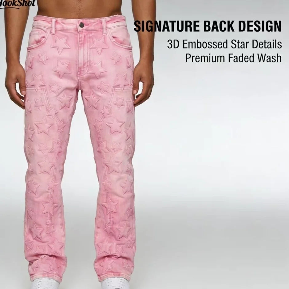 Pink Star Embroidery Spliced Denim Jeans