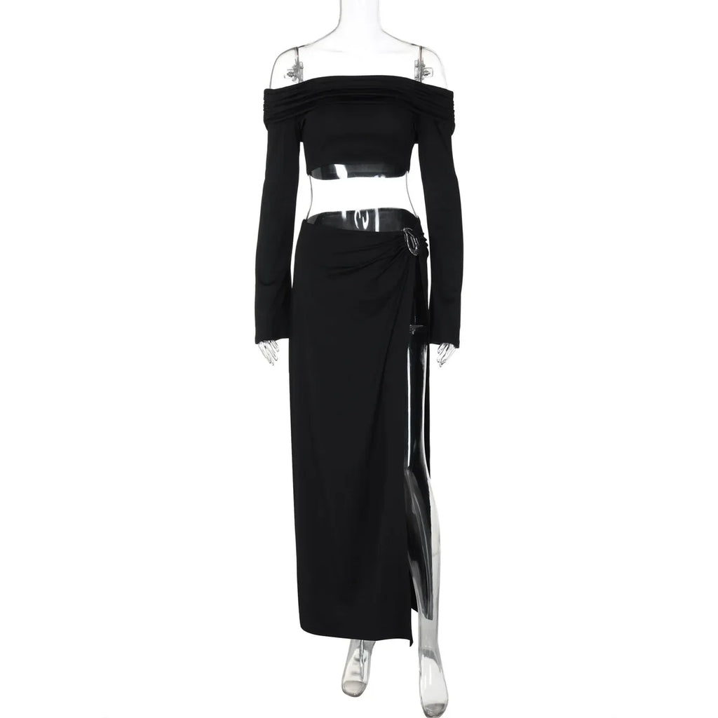Off-the-Shoulder Long Sleeve Top & High-Slit Maxi Skirt Set