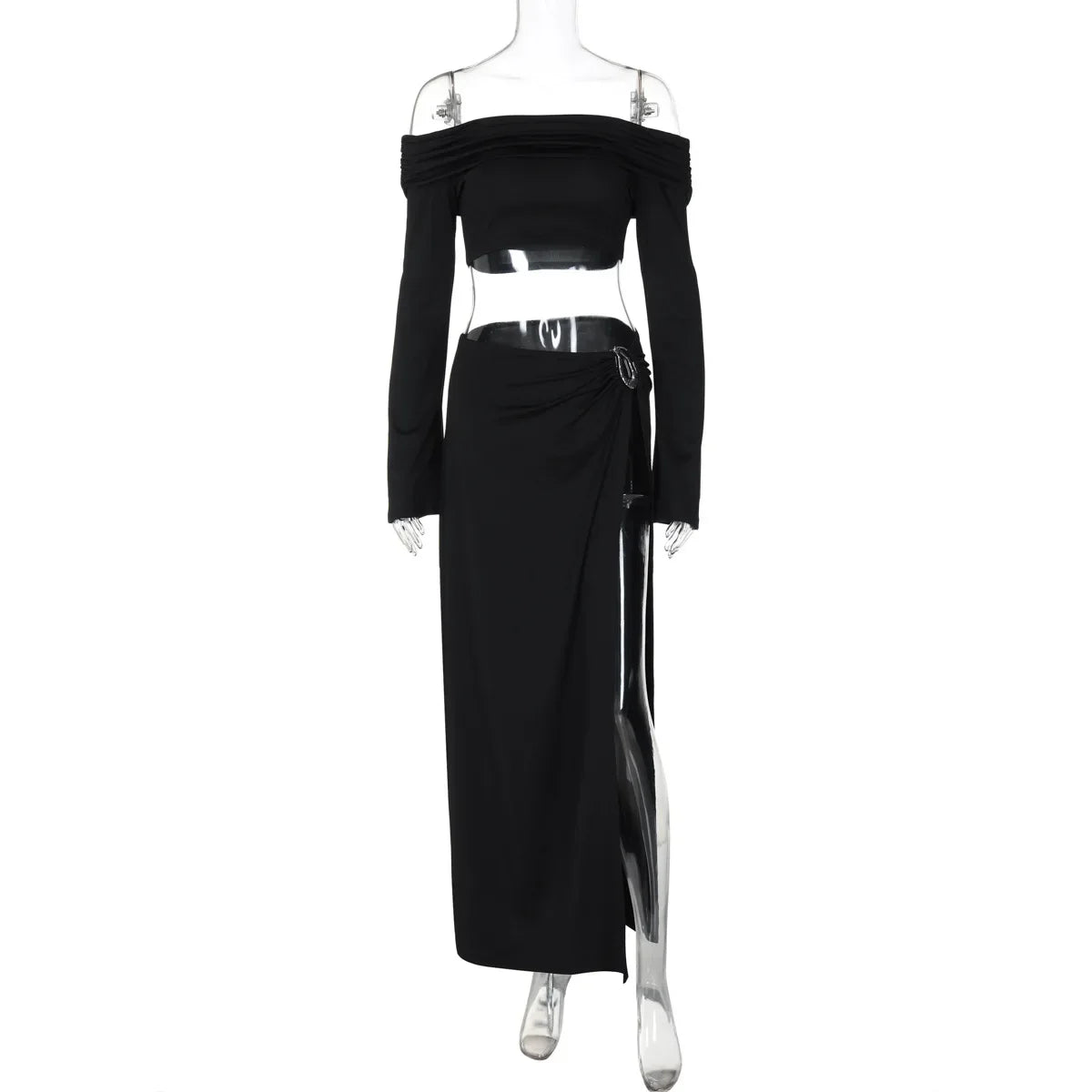 Off-the-Shoulder Long Sleeve Top & High-Slit Maxi Skirt Set