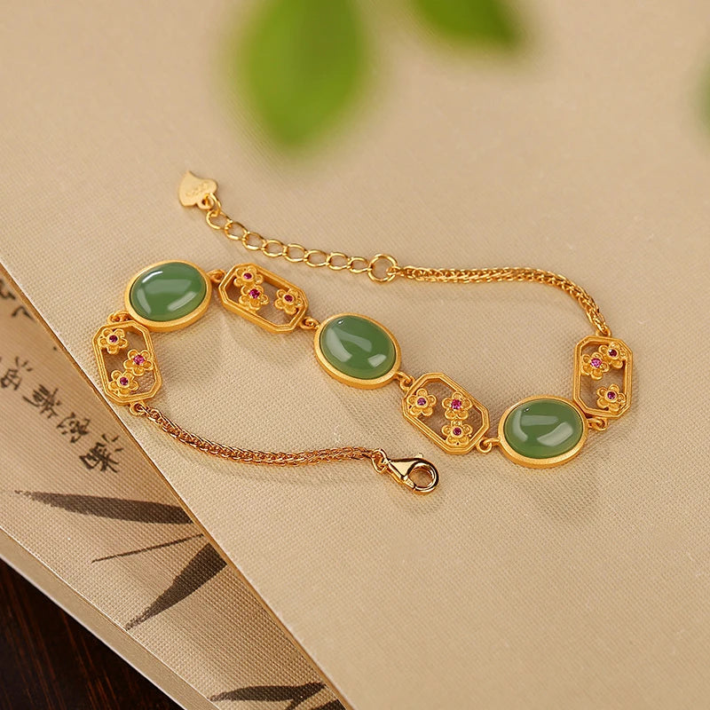 Natural Hetian Jasper White Jade Flower Bracelet