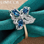 925 Sterling Silver Butterfly Blue Zircon Ring