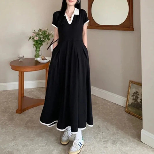 Elegant Black Dress Short Sleeve Loose Pleated Midi Dress