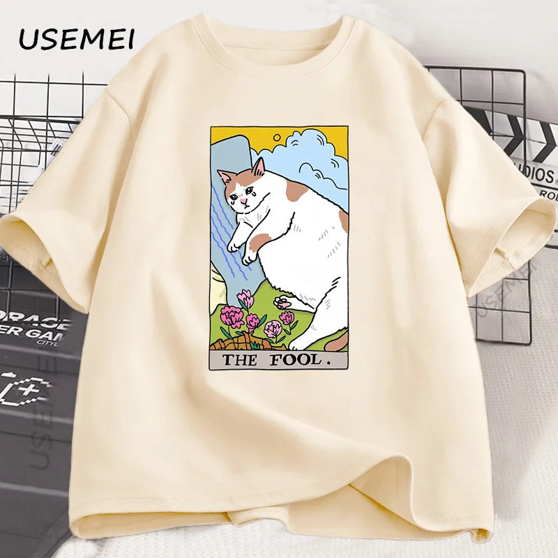 悲しい猫のミーム ザ・フール タロット Tシャツ メンズ レディース 魔女風ファッション 泣いている猫 Tシャツ カジュアル オーバーサイズ Tシャツ ストリートウェア
