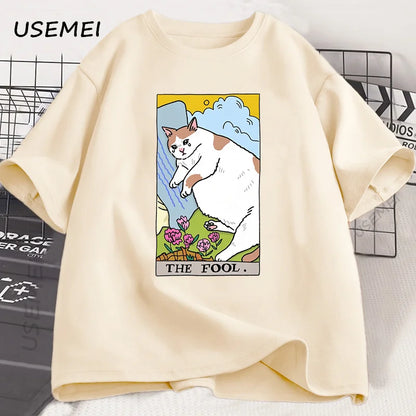 悲しい猫のミーム ザ・フール タロット Tシャツ メンズ レディース 魔女風ファッション 泣いている猫 Tシャツ カジュアル オーバーサイズ Tシャツ ストリートウェア