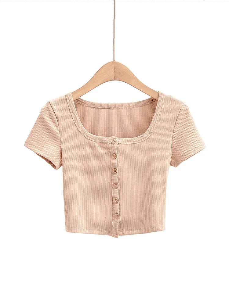 Rib Button Through Short Sleeve Top