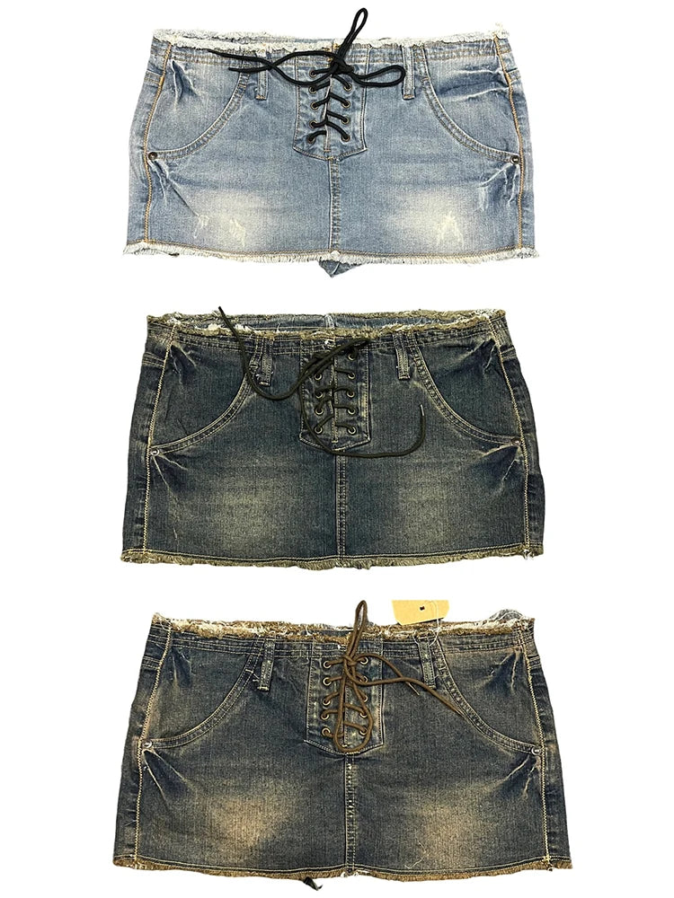 Lace-Up Denim Micro Mini Skirt
