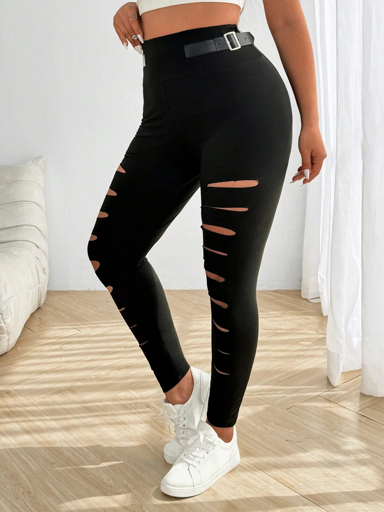Hollow Out Torn Knitted Zipper Buckle Decorated High Waist Tight Sports Pants