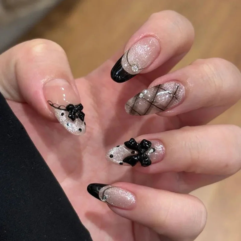 24pcs Gothic Style Black Bowknots Press On Nails Y2k Sweet Cool Cat's Eye False Nails French Style Almond Ballet Fake Nail Tips