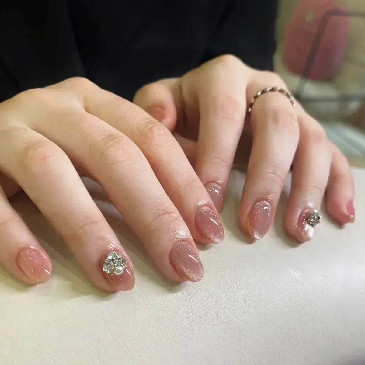 24Pcs Pink Ballet False Nails Long Coffin with Rhinestone Love Heart Wearable Fake Nails Full Cover Press on Nails Tips Glitter