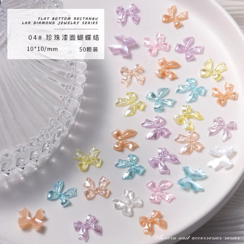 50PCS Aurora Acrylic 3D Nail Art Bow Charm For Nails Decoration Design Kawaii Manicure Accessories Bow-knot DIY Craft Supplies