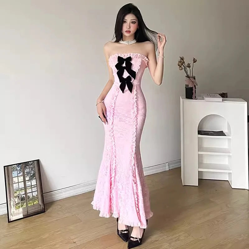 Bow Pins Floral Lace Maxi Dress