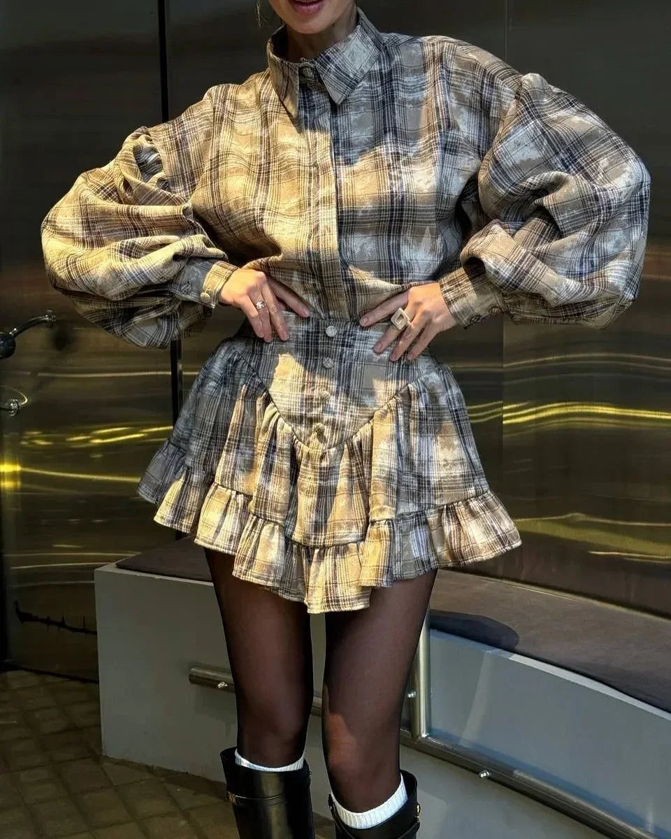 Plaid Design Ruffle Edge Mini Dress 2-Piece Set
