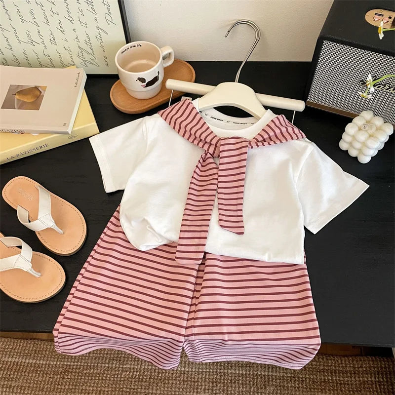 Short-sleeved Stripes Shawl + Wide-leg Pants Set