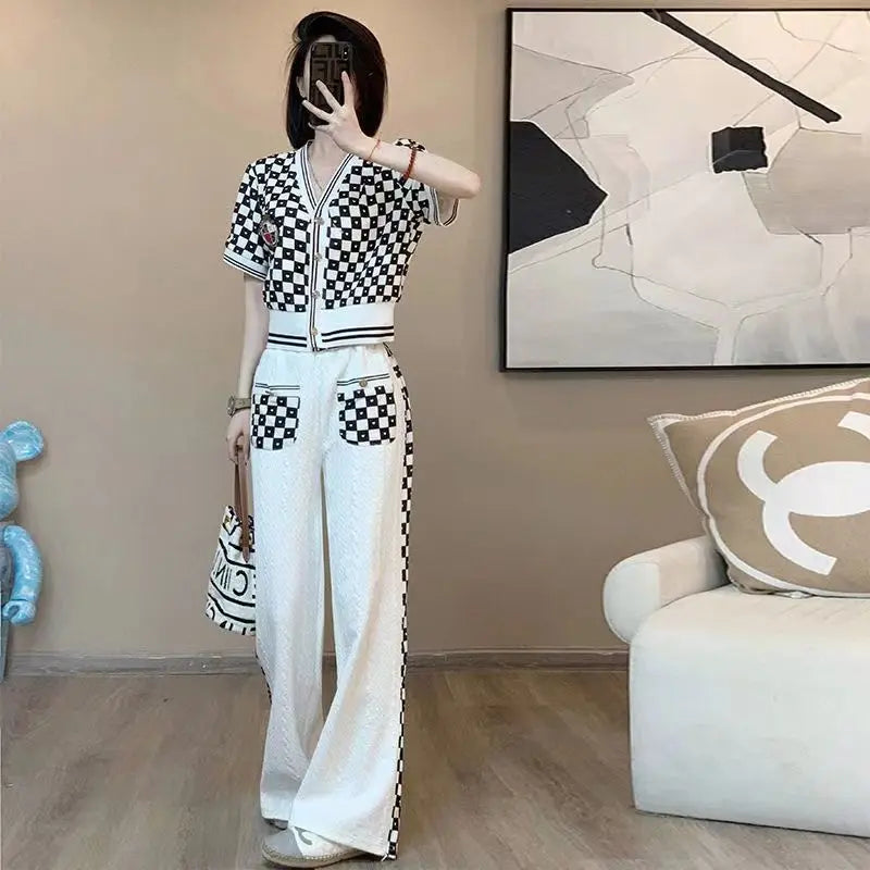 Knit Tracksuit Set - Black & White Checkerboard Short Sleeve Cardigan and Wide-Leg Lounge Pants