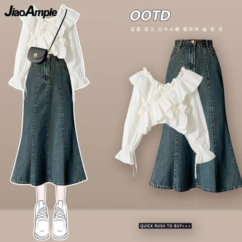 Bubble Sleeve Shirt + Suspended Skirt Set
