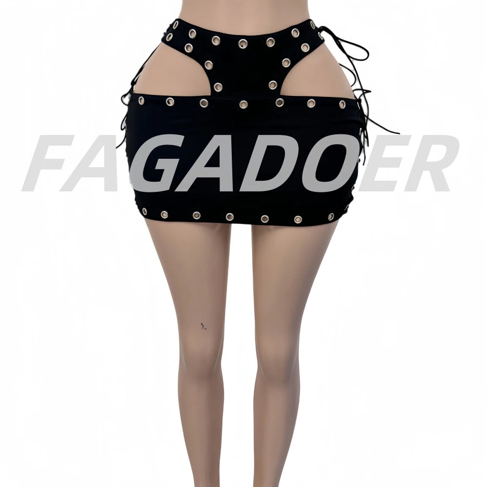 FAGADOER Hollow Out Bodycon Mini Skirt