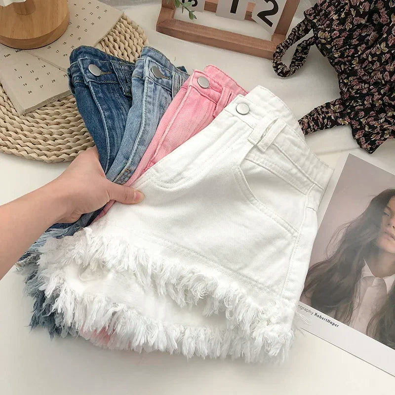 High Waisted Fringed Denim Shorts