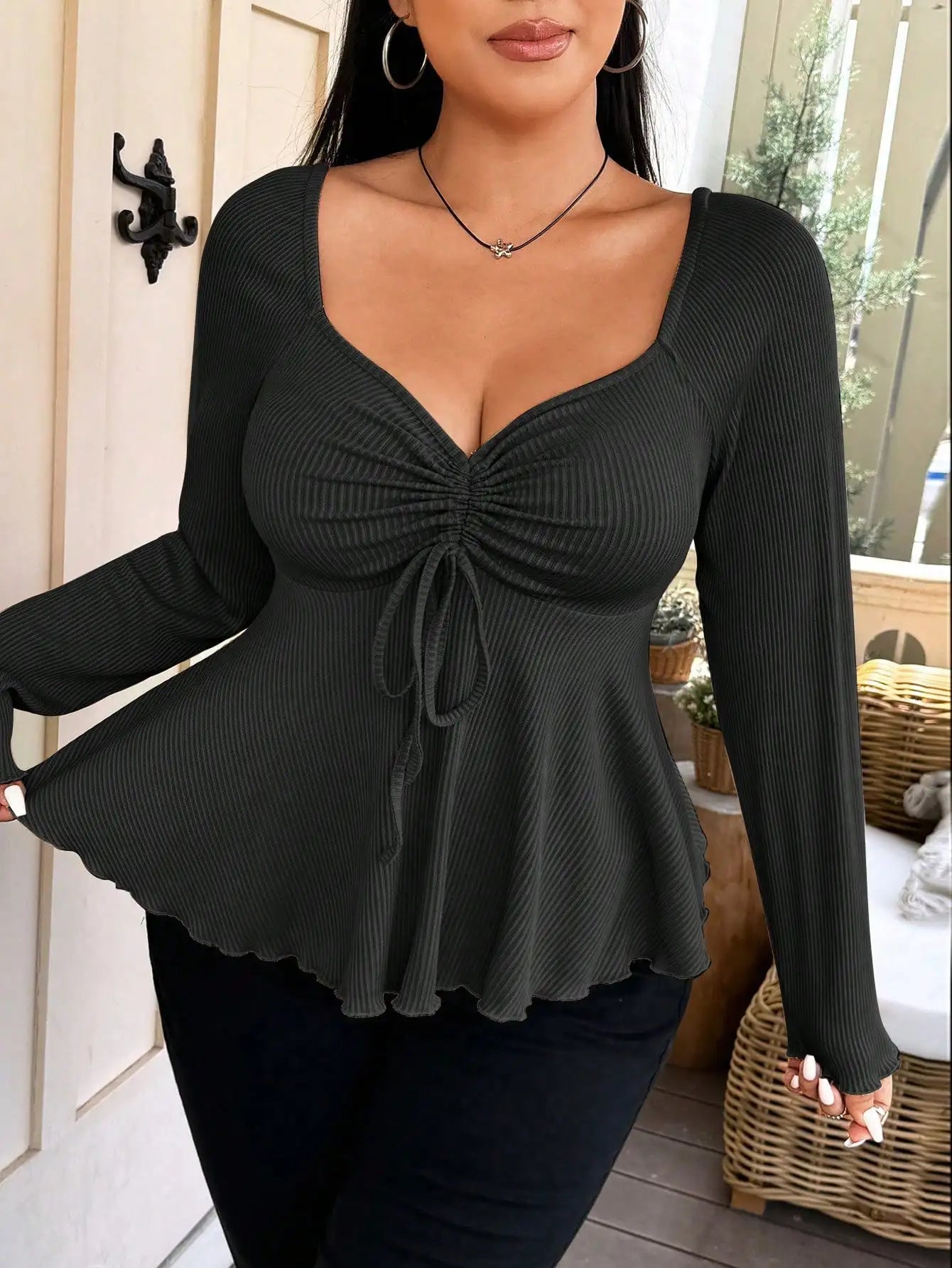 Ribbed Knit Ruched Bust Peplum Top with Long Sleeves