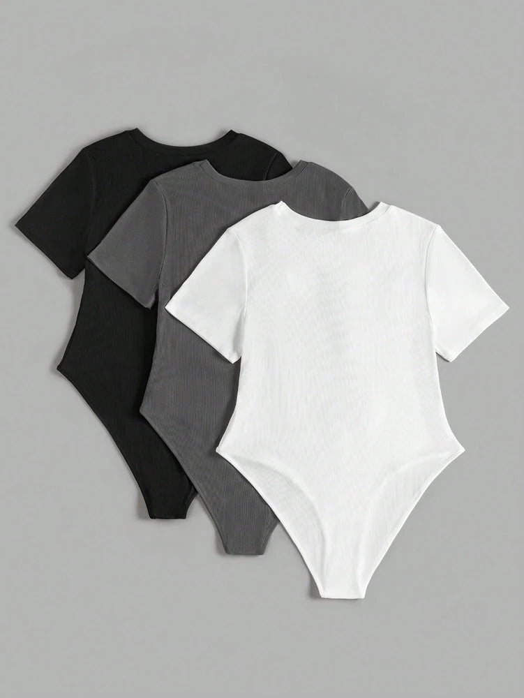 (3pcs) Round Neck Short Sleeve Bodysuit Set