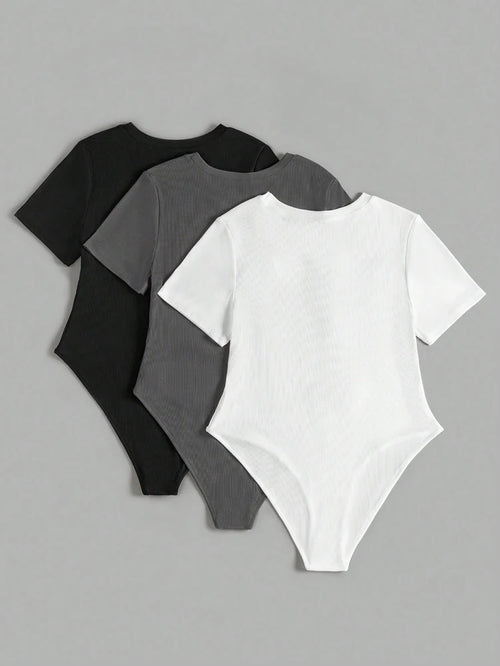 (3pcs) Round Neck Short Sleeve Bodysuit Set