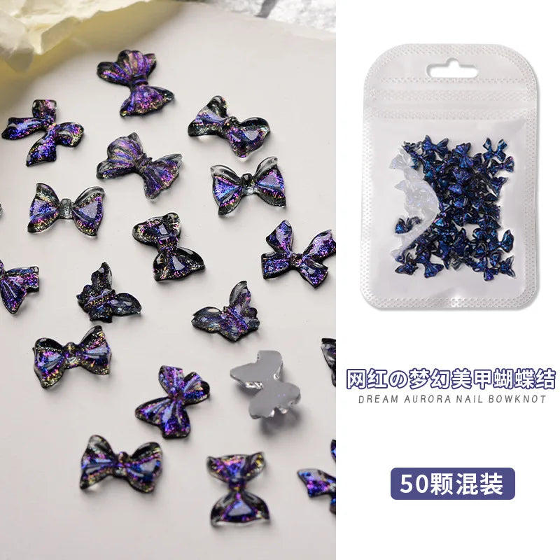50PCS Aurora Acrylic 3D Nail Art Bow Charm For Nails Decoration Design Kawaii Manicure Accessories Bow-knot DIY Craft Supplies