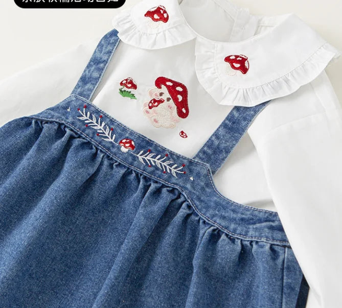 Solid Color Embroidered Denim Strap Skirt