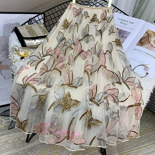 Embroidered Butterfly Mesh Midi Skirt with Sequin Detail