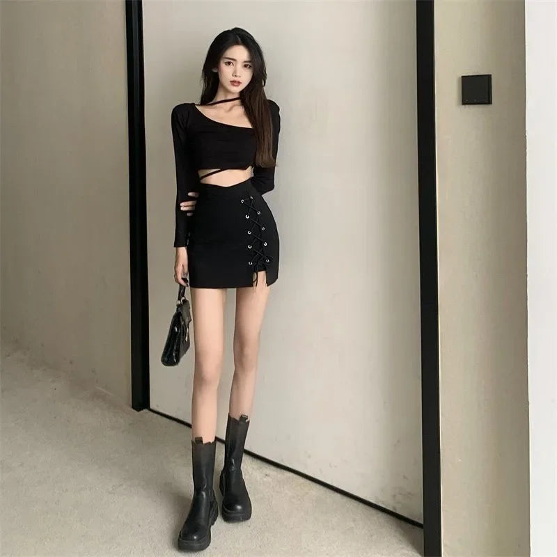 High Waist Lace Up Mini Skirt