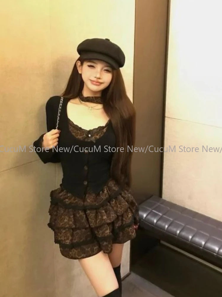Long Sleeve Leopard Lace Tops + Mini Skirt Set
