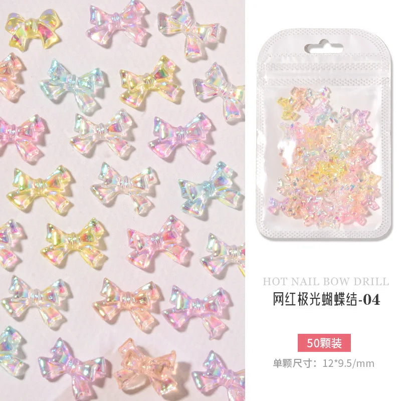 50PCS Aurora Acrylic 3D Nail Art Bow Charm For Nails Decoration Design Kawaii Manicure Accessories Bow-knot DIY Craft Supplies