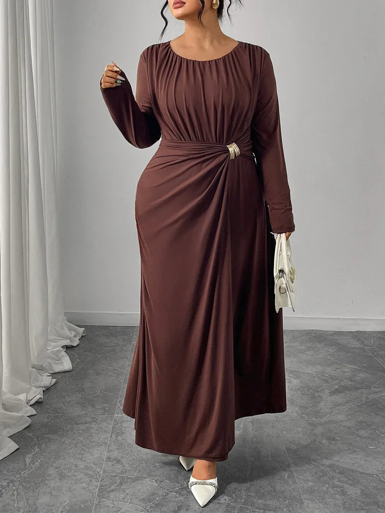 GIBSIE  Pleated O-Neck Long Sleeve Maxi Dress